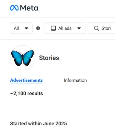 Screenshot of Stories Ads Library page source Facebook, Ads Library