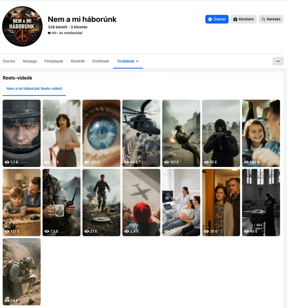 Screenshot of reels videos from the Facebook page Not our war on February 20