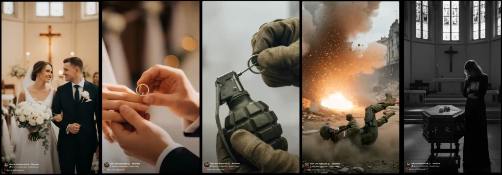 Scenes from the AI-generated reels video of Not our war