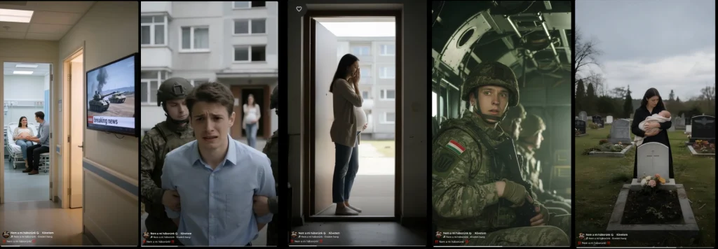 Scenes from the AI-generated reels video of Not our war