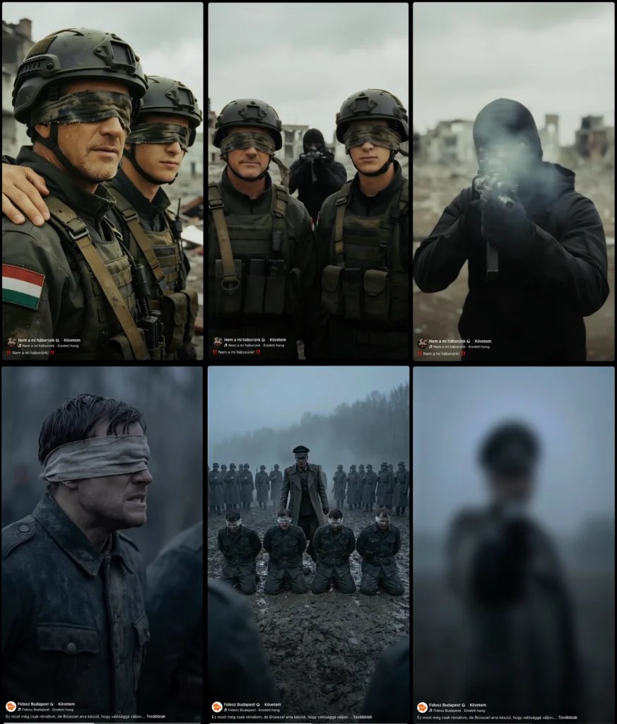 Top row: details from the Not our war AI video Bottom row: details from the Fidesz AI video