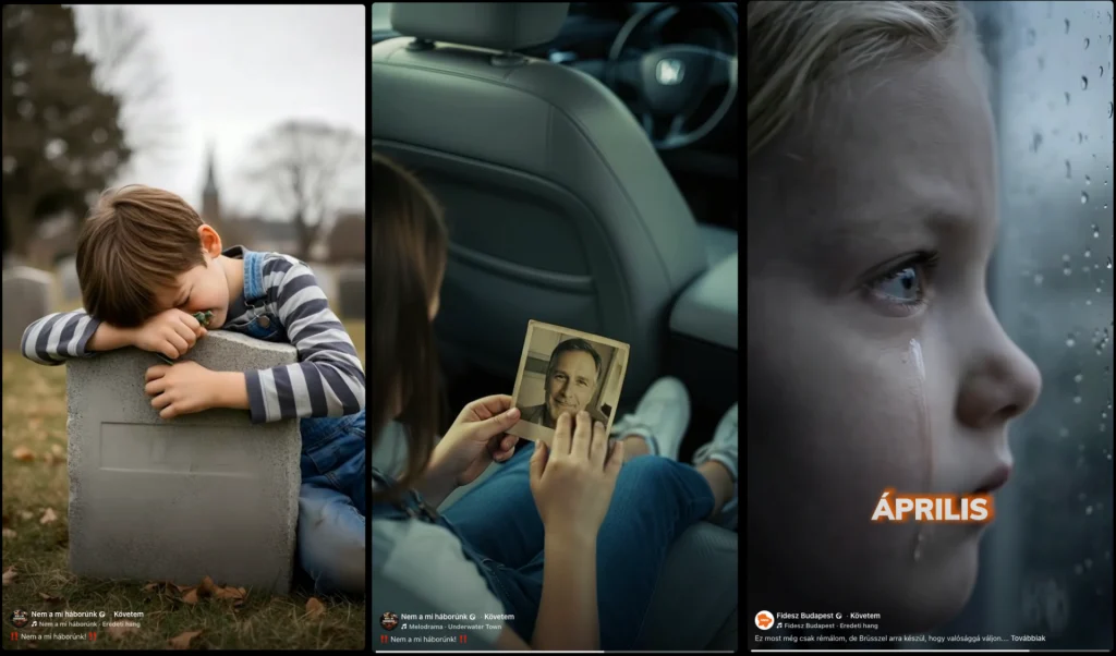 First two images: details from the videos of Not our war Third image: detail from the Fidesz video