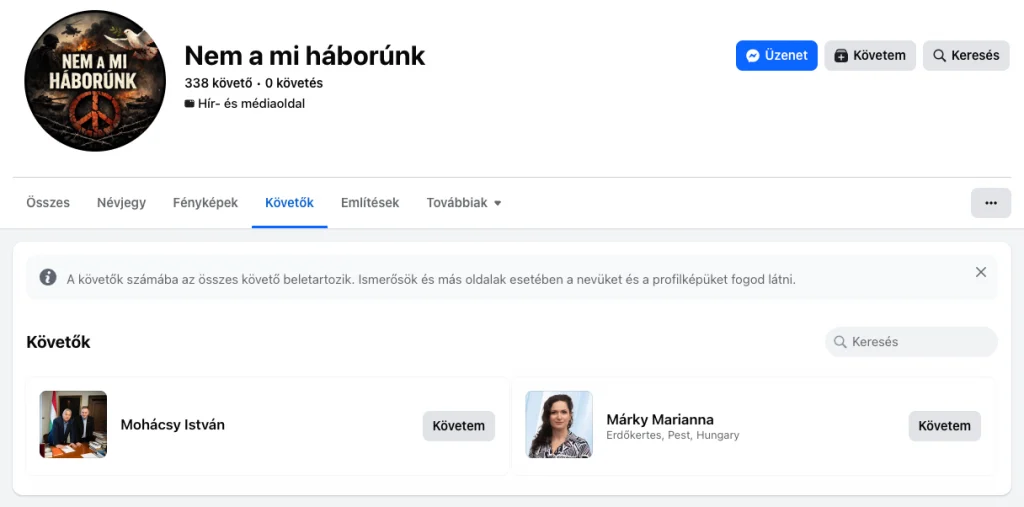Screenshot of followers of the Not our war page